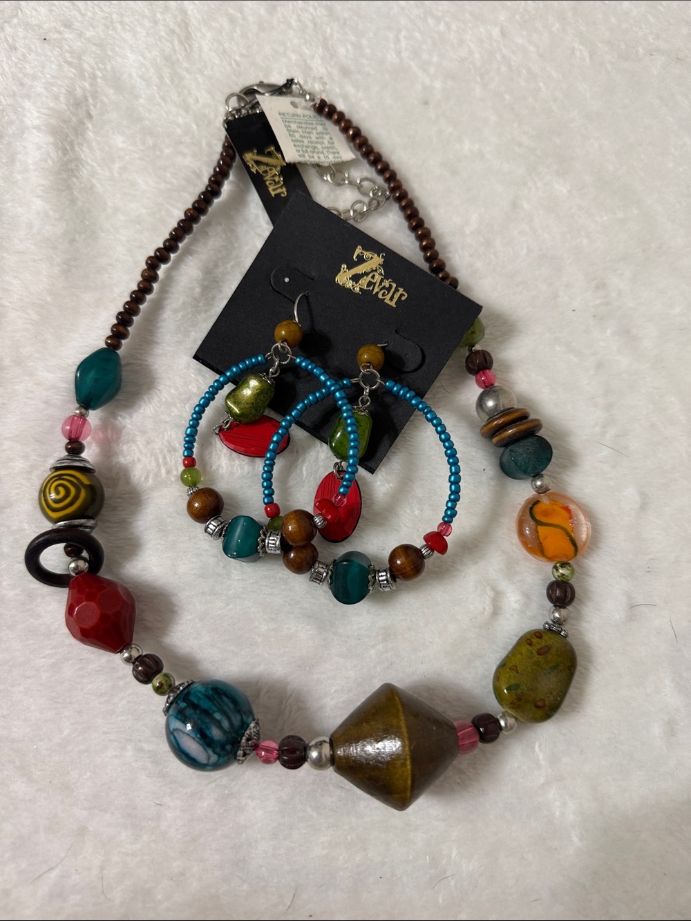 Zevar Handmade Multicolor Beaded Necklace & Hoop Earrings - Blue, Red & Green